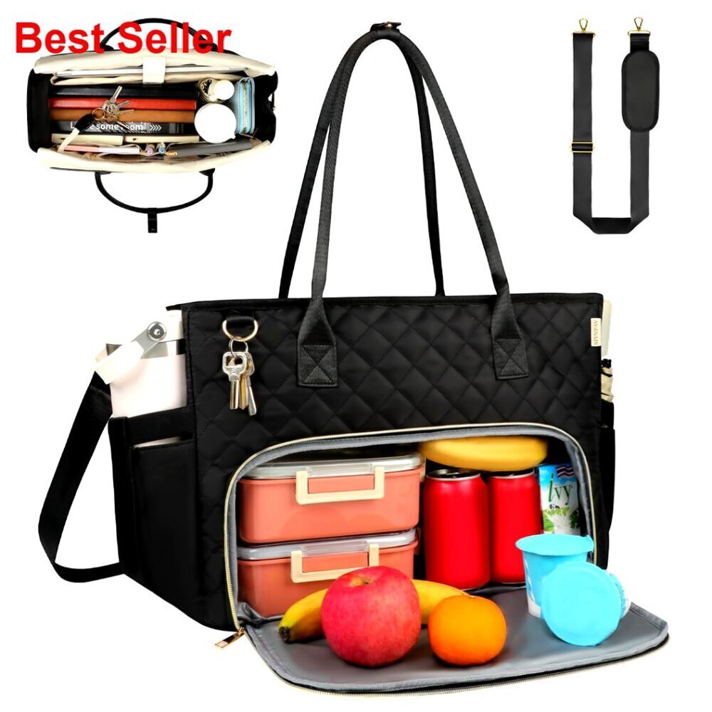 15.6 Inch Laptop Tote Bag with Insulated Lunch Compartment, Quilted Nylon